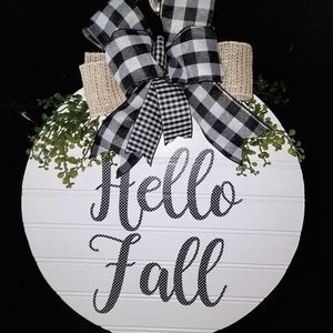 Shiplap white farmhouse Fall door hanger.